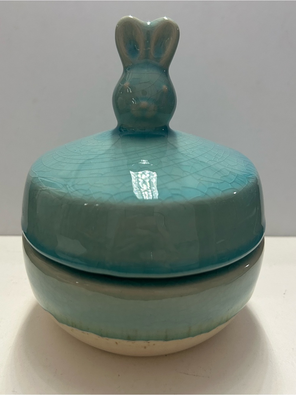 Ceramic Bunny Trinket Dish Lidded Turquoise Crackle Drip Glaze